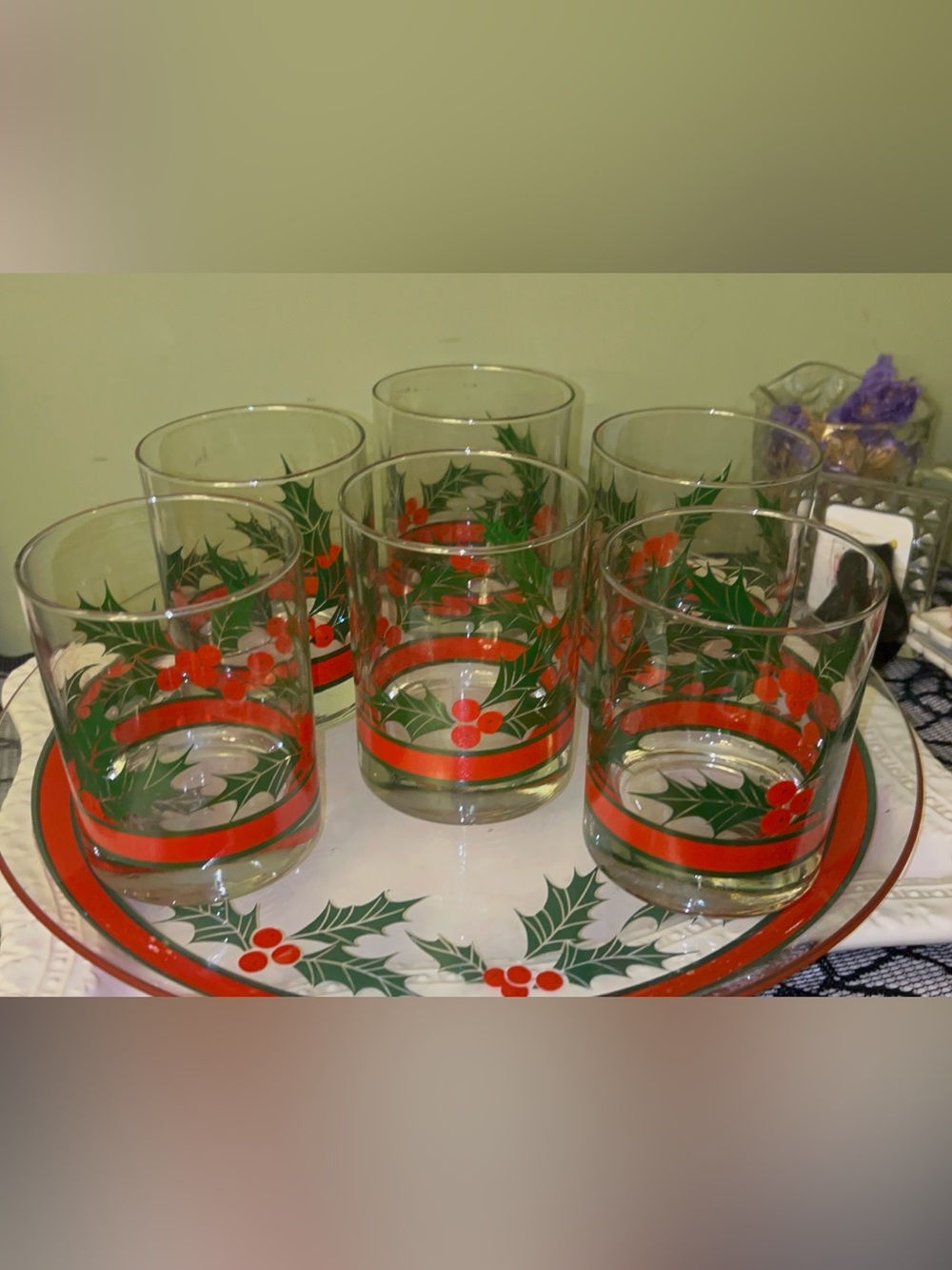 Libbey Holly and Berries Vintage 13 inch Serving Tray and 6 Rocks Glasses